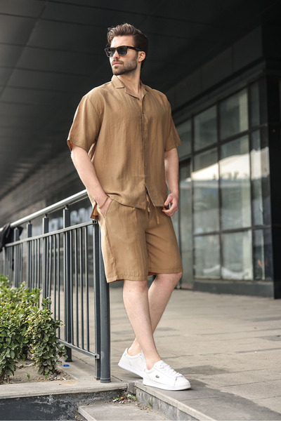 Madmext Camel Tencel Fabric Men's Shorts Shirt Set E7352