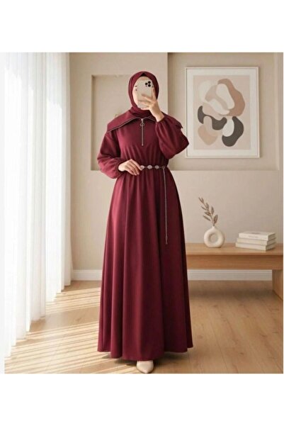 modasindoma Women's Puff Scuba Belt Piece Dress Claret Red