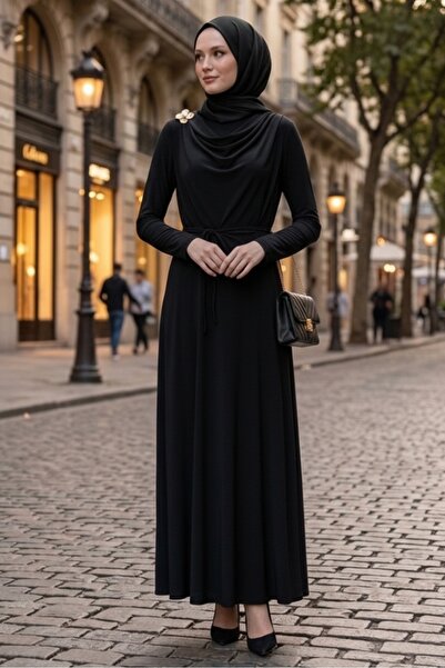 Bestenur Shawl Tie-Detail Dress 1691 - Black