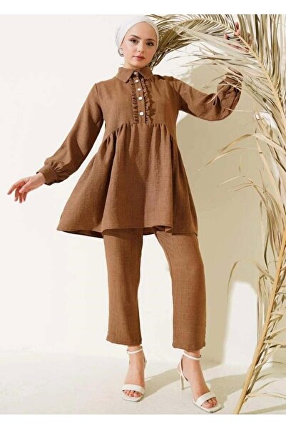 modasindoma Γυναικείο Σετ Μπροστινό Μέρος Λεπτομέρεια με βολάν Καφέ