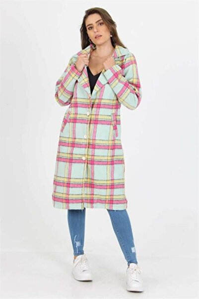 Dipmoda Women's Button Detailed Pocketed Plaid Melton Coat Dp9018