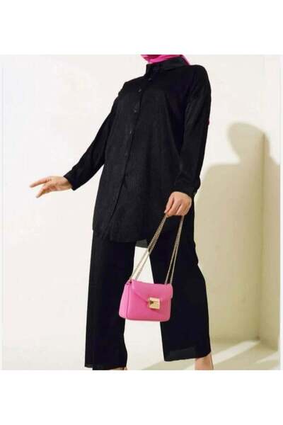 modasindoma Set de două piese pentru femei, aspect satinat, negru material reiat