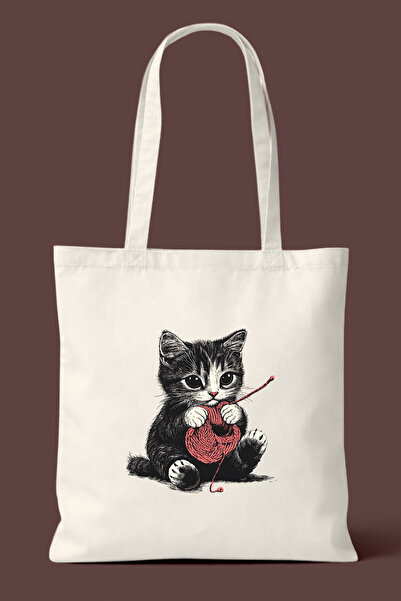 Hayali Şeyler Χαριτωμένη υφασμάτινη τσάντα με στάμπα γάτας που πλέκει