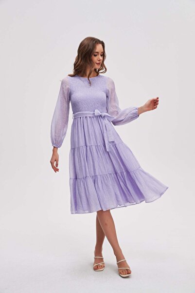 menta Long-sleeve plain midi dress with belt