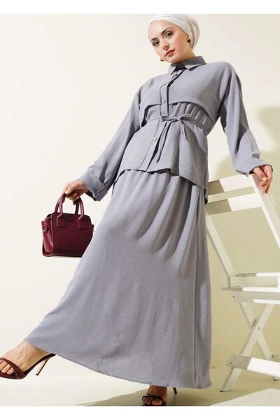 modasindoma Γυναικείο Σετ με Λεπτομερή Φούστα σε Γκρι Χρώμα