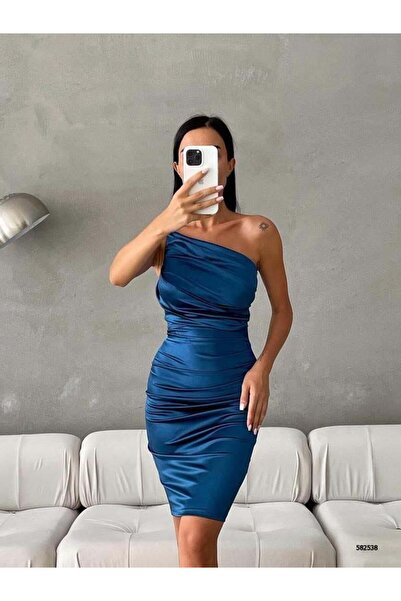 Modafeminen Petrol Single Strap Draped Satin Dress 582538