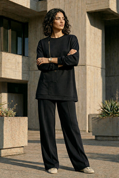 Nuss Zipper and Ribbed Detail Tunic Trousers Set 1077 Black