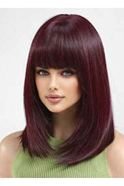 WildFashion Medium burgundy red wig with straight bangs made of premium synth...