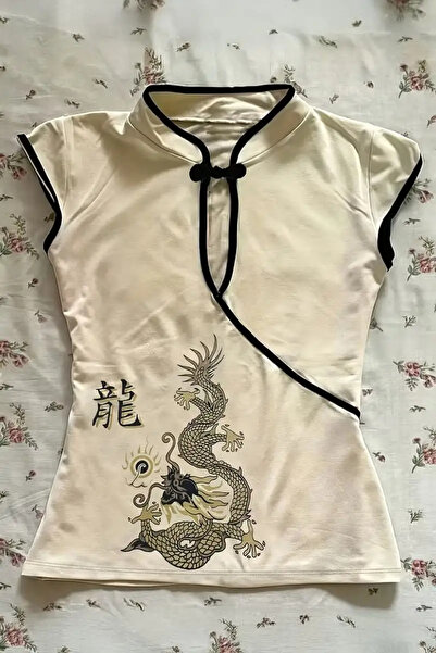 1blood Ecru Mandarin Collar Dragon Motif Vintage Qipao Y2K Short Sleeve Crop
