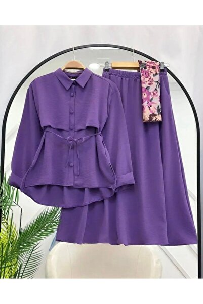 modasindoma Kadın Parça Detaylı Etekli Takım Mor