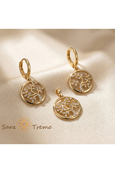 SaraTremo Set Copacul Vieții - Cercei și Pandantiv Placate cu Aur de 14K cu Z...