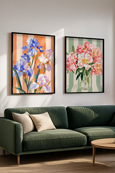 STARYUNA Black Wooden Framed Double Painting Set with Flower Bouquet and Iris...