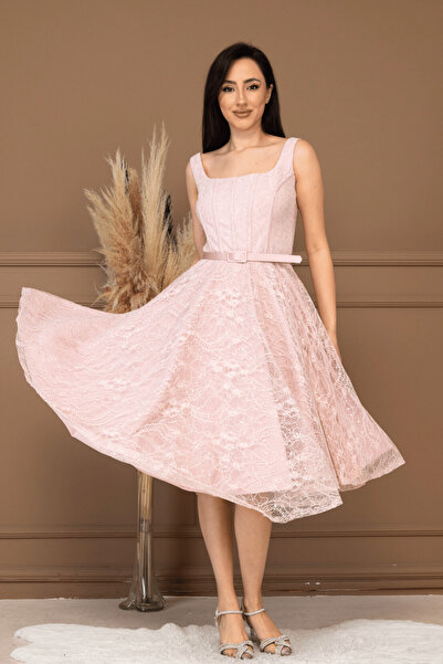 BEYBOS Δαντέλα Φόρεμα μίντι με λεπτομέρεια από ύφασμα με παγιέτες - PUDRA