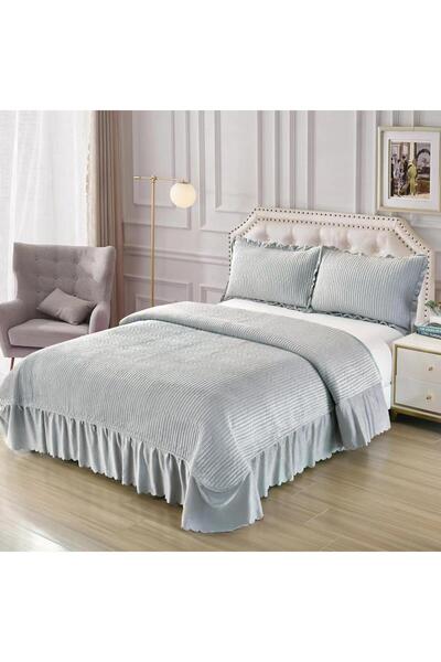 Truva Home Velvet Double Bedspread with Ruffled , 220x240 cm + 2 Pillow 50x70 cm