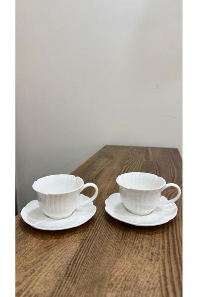 MİEN 2'li Beyaz Çiçek Görünümlü Kahve Fincan Takımı