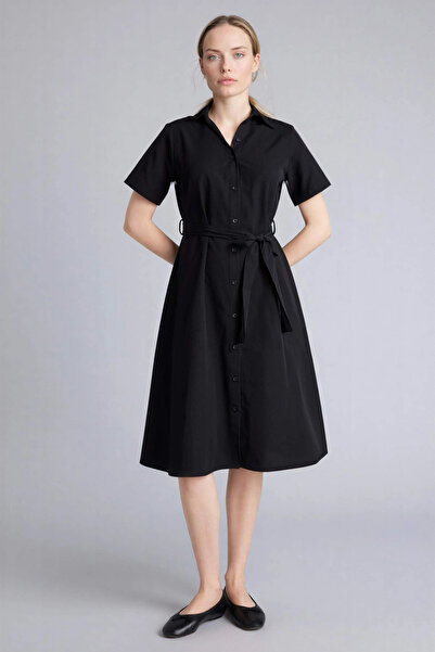 DeFacto E7114Axbk81 Black A-Line Shirt Collar Poplin Midi Dress