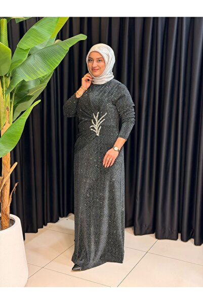 Butik büyük beden Kendinden Simli Önü Taşlı Lüks Abiye