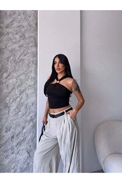 Modayakamoz Women's Buckle Detail Halter Neck Sandy Blouse