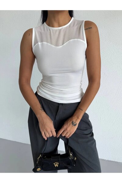 hazelin Γυναικεία Λευκή Αμάνικη Μπλούζα με Λεπτομέρεια Sandy ελαστικό ύφασμα ...