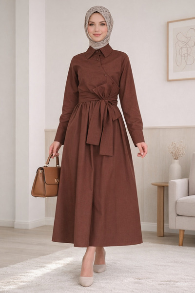 FERHEL فستان نسائي طويل بأزرار متقاطعة وخصر بأربطة - بني