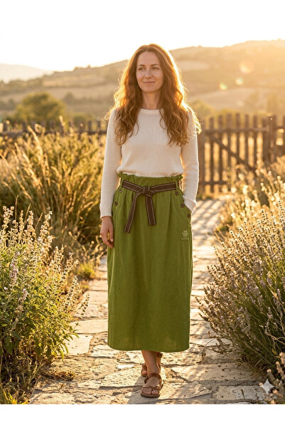 diğer 111 Kadın Yeşil Yüksek Bel İtalyan İnce Kadife Etek - Beli Kuşaklı Bohe...