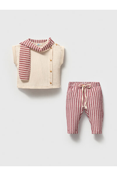 NoyNoy Baby Müslin Kumaş Çizgili Bebek Alt Üst Takım - Fularlı Kolsuz Gömlek ...