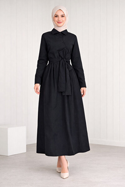 FERHEL Women's Cross Buttoned and Waist Tie-Detail Long Dress - Black