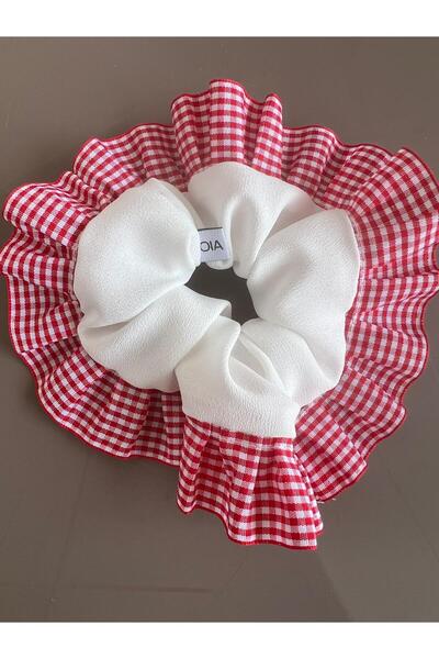 OIA Atelier Limited Swan White Red Gingham Scrunchie Rubber Hair Tie