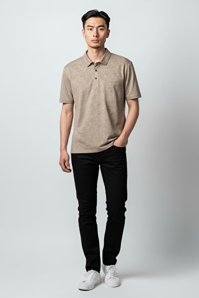 KAMER Men's Modern Fit Shirt Collar Tek Pocketed D Patterned Beige T-Shirt 5059E