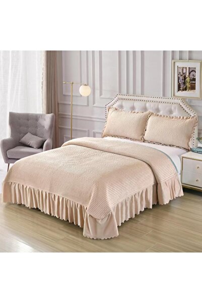 Truva Home Velvet Double Bedspread with Ruffled , 220x240 cm + 2 Pillow 50x70 cm