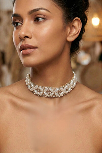 PETEK AKSESUAR Baklava Pearl and Stone Choker Necklace