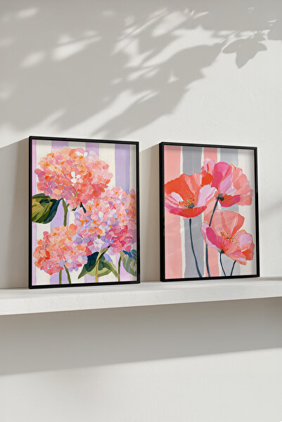 STARYUNA Black Wooden Framed Double Painting Set with Hydrangea and Poppy Flo...