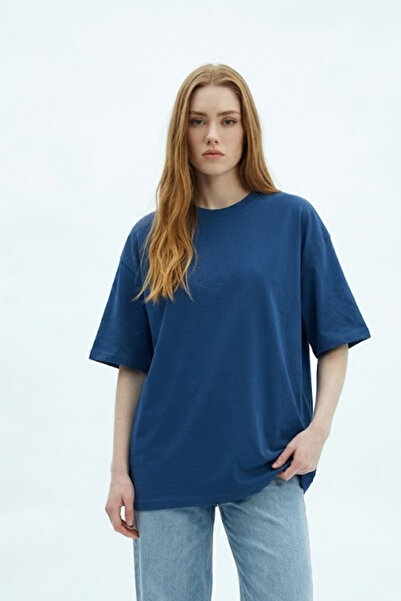 COMBİNE MİCHAİL Kadın Kısa Kol Pamuklu Mavi Oversize Tişört