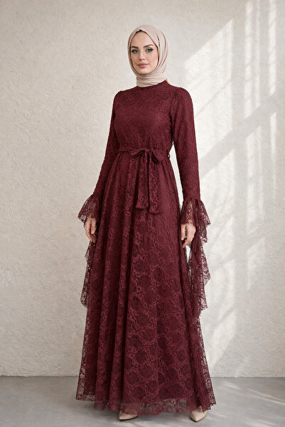 Kirazgym Women's Lace Dress with Belt, Volan Sleeve Detail , Long Hijab Eveni...