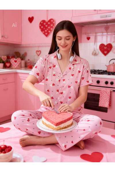 NiCe İç Giyim Heart Pattern Pink Color Shirt Collar Buttons Short Sleeve Wome...