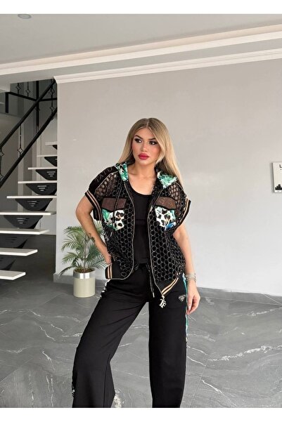 RED WOMAN FASHİON Patterned Hooded Three-Piece Set with Detailed Mesh Detail