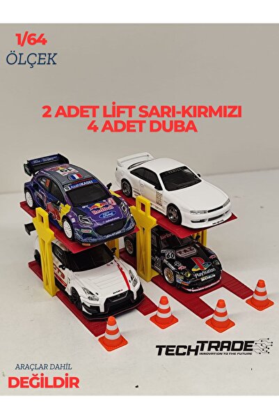 Tech Trade 1/64 Scale Diorama 2 Vehicle Lift 2 Units Yellow-Red + 4 Units Pon...