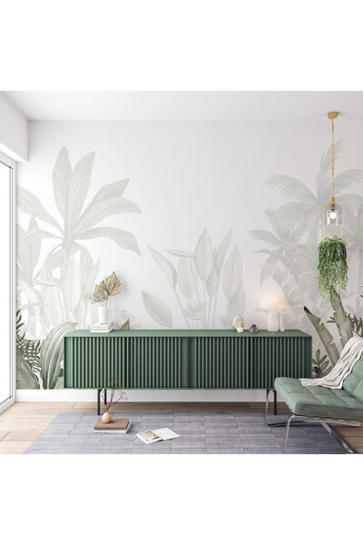 Grown Beyaz Sade Tropikal Desenli Duvar Kağıdı - Salon ve Oturma Odası