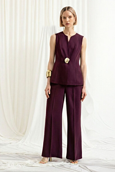 Dizayn Ella Gold Düğme Detaylı Yelek ve Bol Paça Pantolon Takım EL-2800