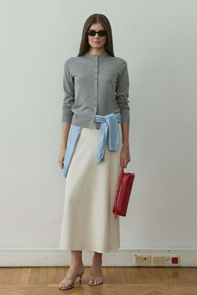 Suud Collection Ecru Leda Elastic Waist Midi Skirt