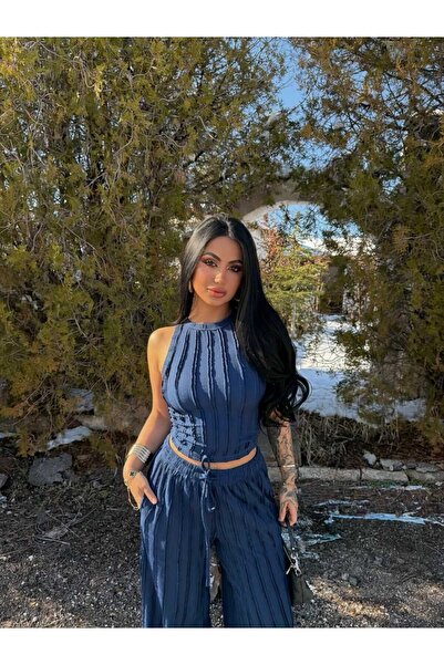 EVOA Women's Navy Blue Halter Neck Cropped & Wide-Leg Pants Ruffle Detail Gag...