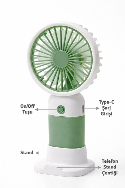 Telvesse Standlı 3 MOD Şarjlı El Fanı 3 Kademe Seyahat Masaüstü Vantilatör Taşınabilir Mini Fan Yeşil F139