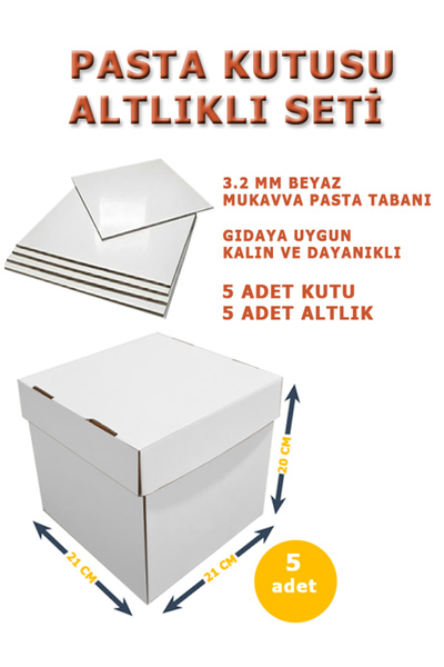 kutucum 21 X 21 X 20 PASTA KUTUSU VE ALTLIK SETİ 5 ADET BEYAZ OLUKLU MUKAVVA