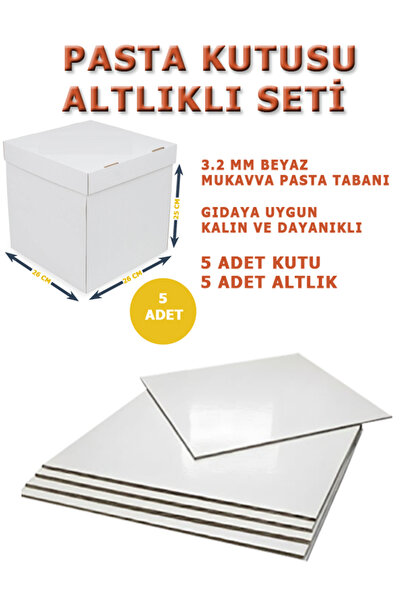 kutucum 26 X 26 X 25 PASTA KUTUSU VE ALTLIK SETİ 5 ADET BEYAZ OLUKLU MUKAVVA