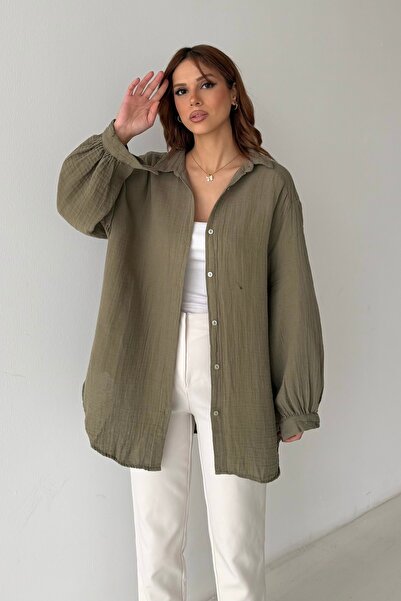 BEJNA Women's Oversized Balloon Sleeve Basic Muslin Shirt