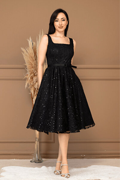 BEYBOS Δαντέλα Φόρεμα μίντι με λεπτομέρεια από ύφασμα με παγιέτες - ΜΑΥΡΟ