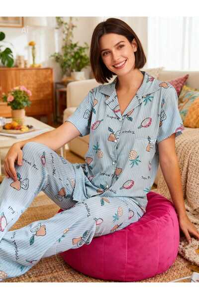 NiCe İç Giyim Tropical Fruit Themed Shirt Collar Buttons Green Color Milan Fa...