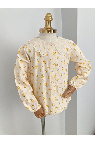UHDE STORE Kız Çocuk Çiçek Desenli Fisto Yakalı Pamuk Keten Gömlek
