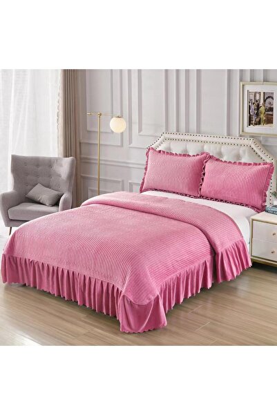 Truva Home Velvet Double Bedspread with Ruffled , 220x240 cm + 2 Pillow 50x70 cm