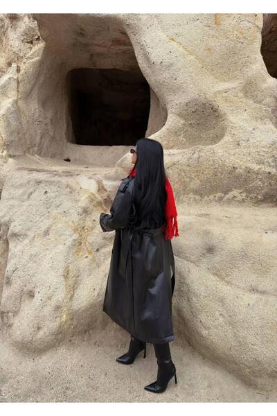 hellomoda deri trenc apoletli kemerli